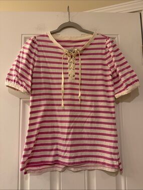 Talbots Pink and Cream Striped Lace up Knit Top